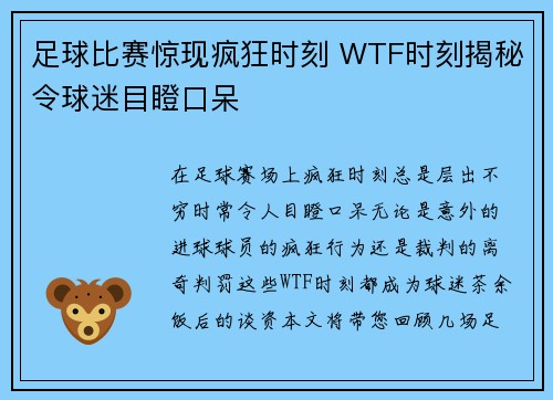 足球比赛惊现疯狂时刻 WTF时刻揭秘令球迷目瞪口呆