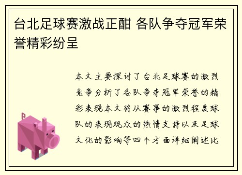 台北足球赛激战正酣 各队争夺冠军荣誉精彩纷呈