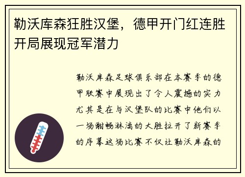 勒沃库森狂胜汉堡，德甲开门红连胜开局展现冠军潜力