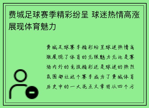 费城足球赛季精彩纷呈 球迷热情高涨展现体育魅力