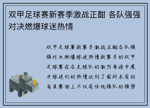 双甲足球赛新赛季激战正酣 各队强强对决燃爆球迷热情