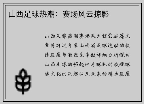 山西足球热潮：赛场风云掠影