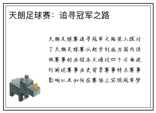天朗足球赛：追寻冠军之路
