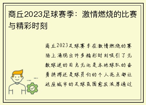 商丘2023足球赛季：激情燃烧的比赛与精彩时刻