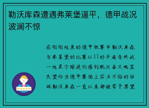 勒沃库森遭遇弗莱堡逼平，德甲战况波澜不惊