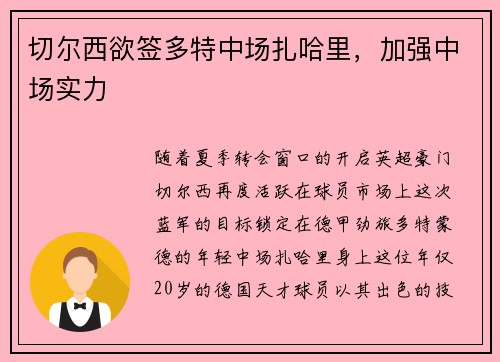 切尔西欲签多特中场扎哈里，加强中场实力