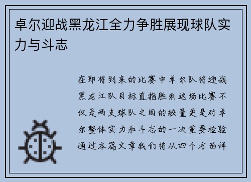 卓尔迎战黑龙江全力争胜展现球队实力与斗志