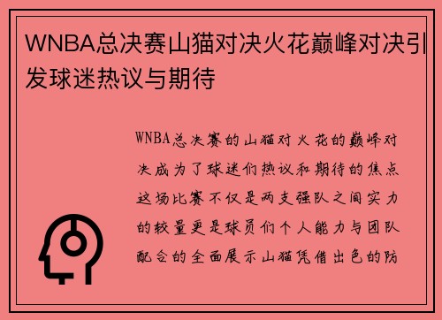 WNBA总决赛山猫对决火花巅峰对决引发球迷热议与期待