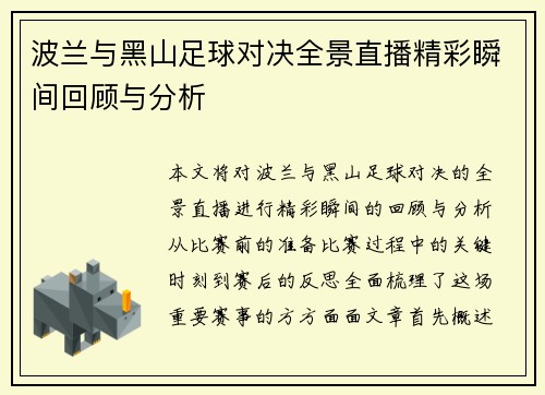 波兰与黑山足球对决全景直播精彩瞬间回顾与分析