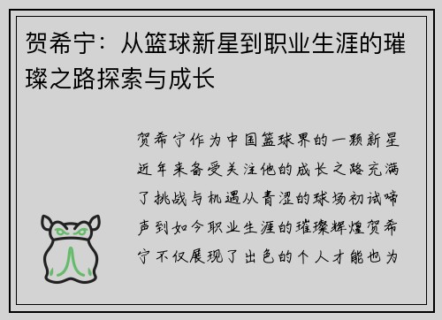 贺希宁：从篮球新星到职业生涯的璀璨之路探索与成长