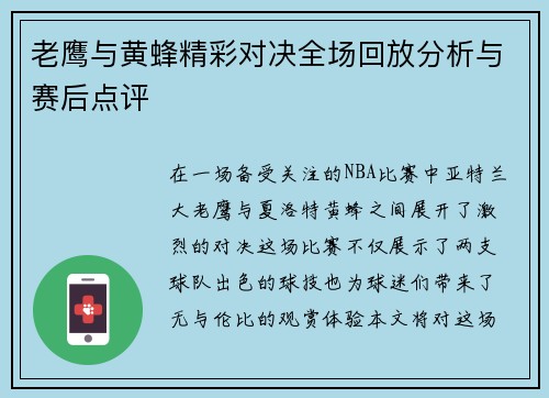 老鹰与黄蜂精彩对决全场回放分析与赛后点评