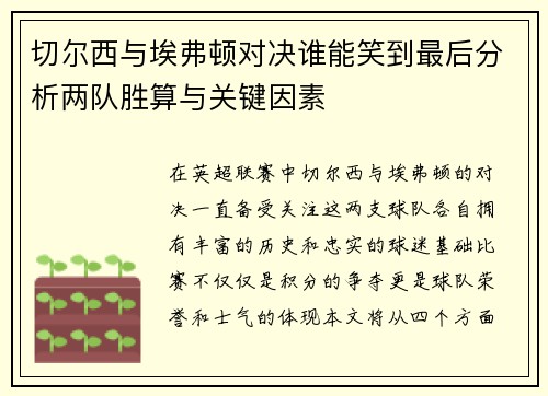 切尔西与埃弗顿对决谁能笑到最后分析两队胜算与关键因素