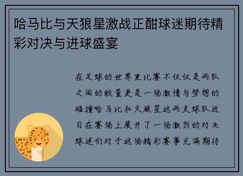 哈马比与天狼星激战正酣球迷期待精彩对决与进球盛宴