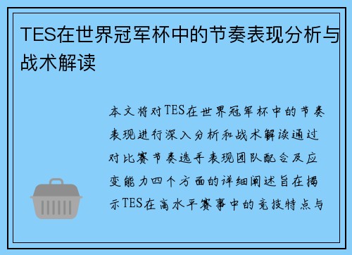 TES在世界冠军杯中的节奏表现分析与战术解读