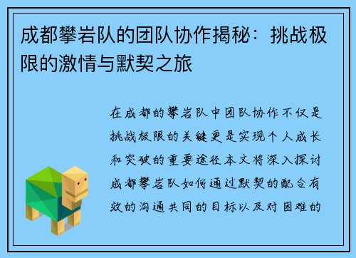 成都攀岩队的团队协作揭秘：挑战极限的激情与默契之旅