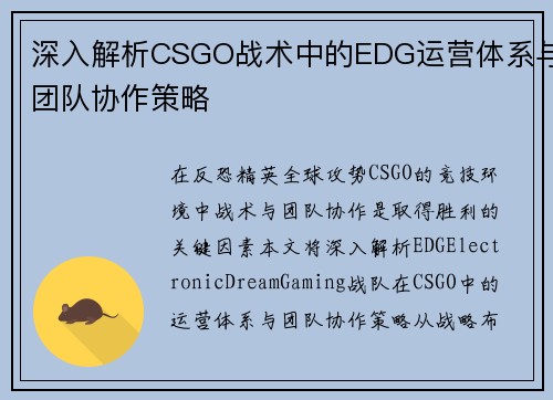 深入解析CSGO战术中的EDG运营体系与团队协作策略